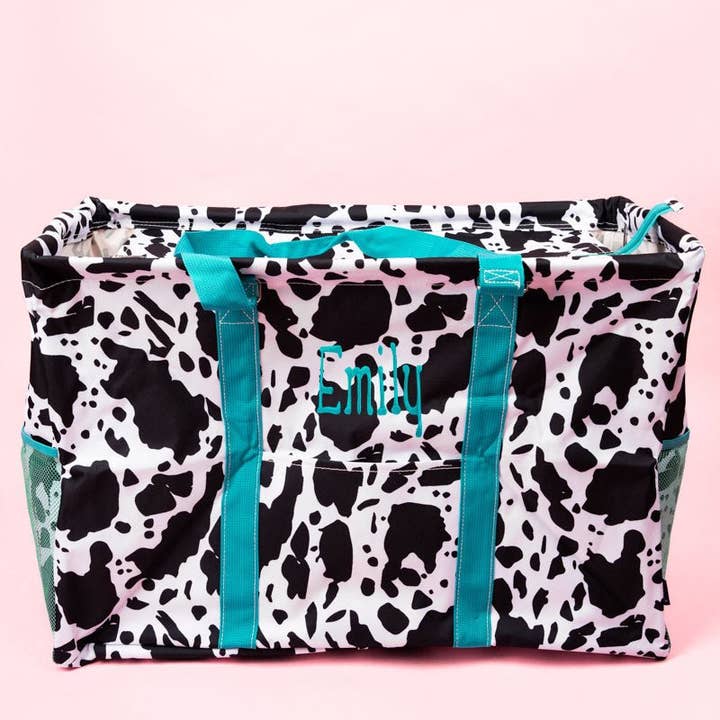 Wholesale Accessory Market - Wholesale Basket - NGIL Deja Moo with Turquoise Trim Collapsible Double Haul-It-All Basket with Mesh Pockets and Lid1