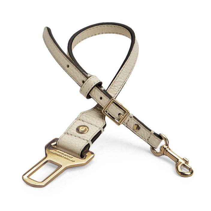 Leather Dog Seatbelt – White-Gold Finish for wholesale by Pinewood Leather & Collar