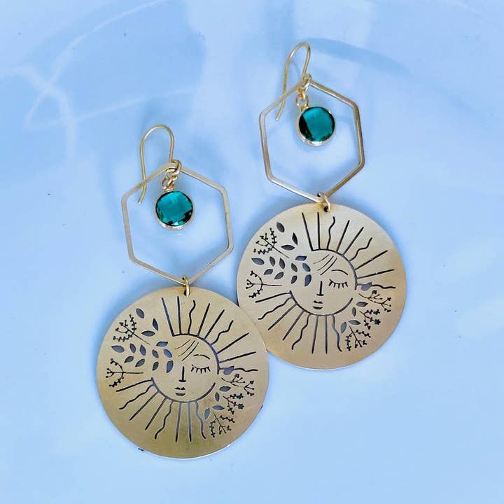 Moxie Collective (formerly Atonement Design) - Wholesale Dangle Earrings - Brass Garden Sun Earrings in Sea Green0