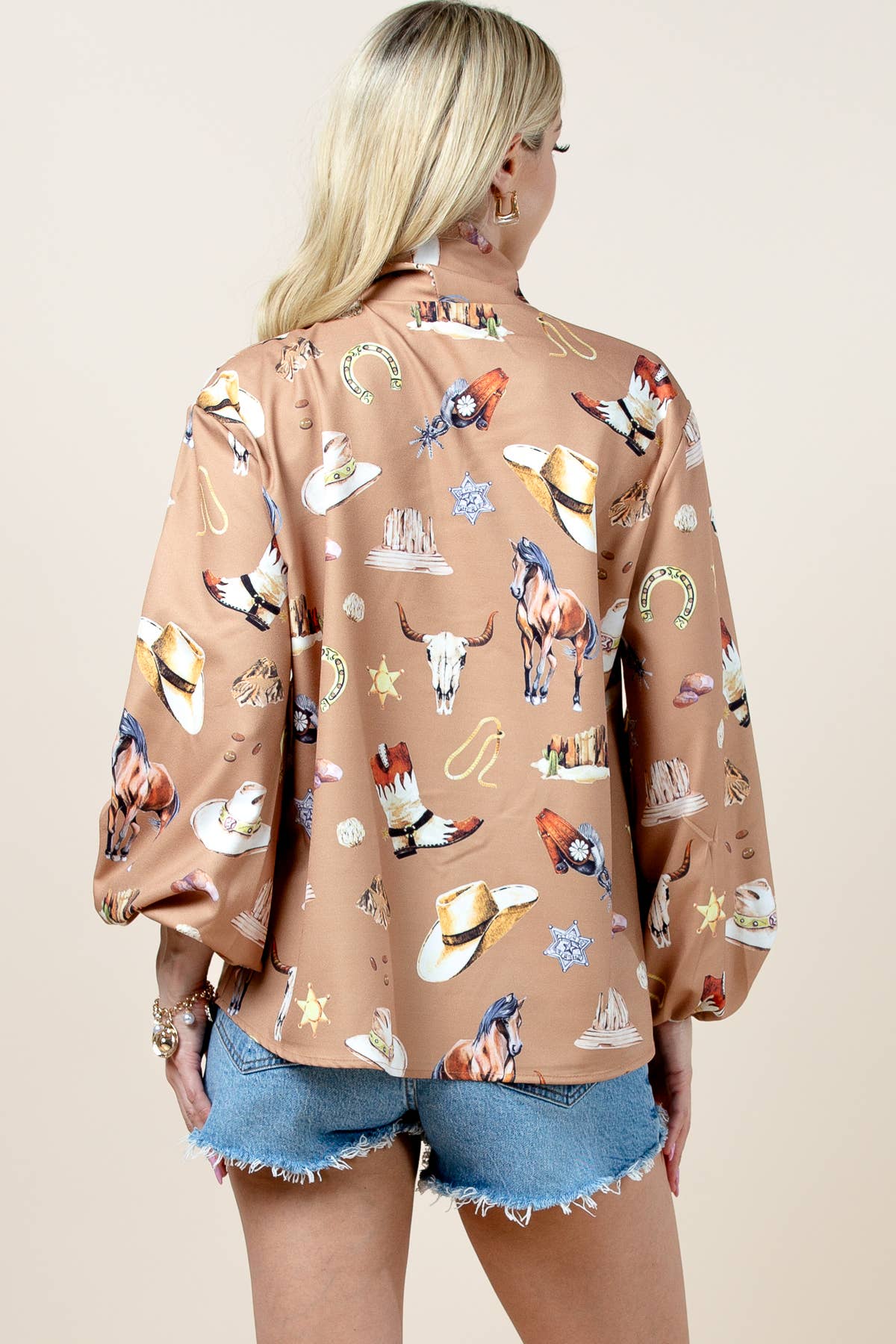 Multi Colored T1629-6173-Western Sheriff Spur Shoes Print  Blouse for wholesale on Faire8