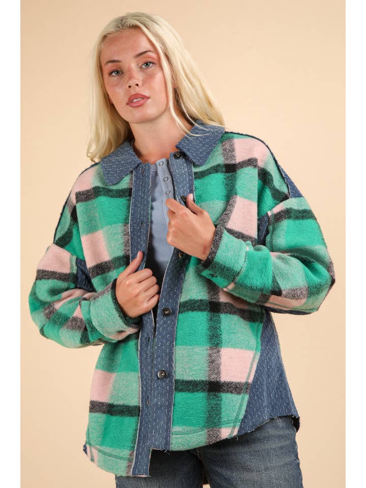 VERY J - Wholesale Shirt Jacket/Shacket - Women's - NJ90305-Textured Denim Contrast Plaid Shacket Jacket