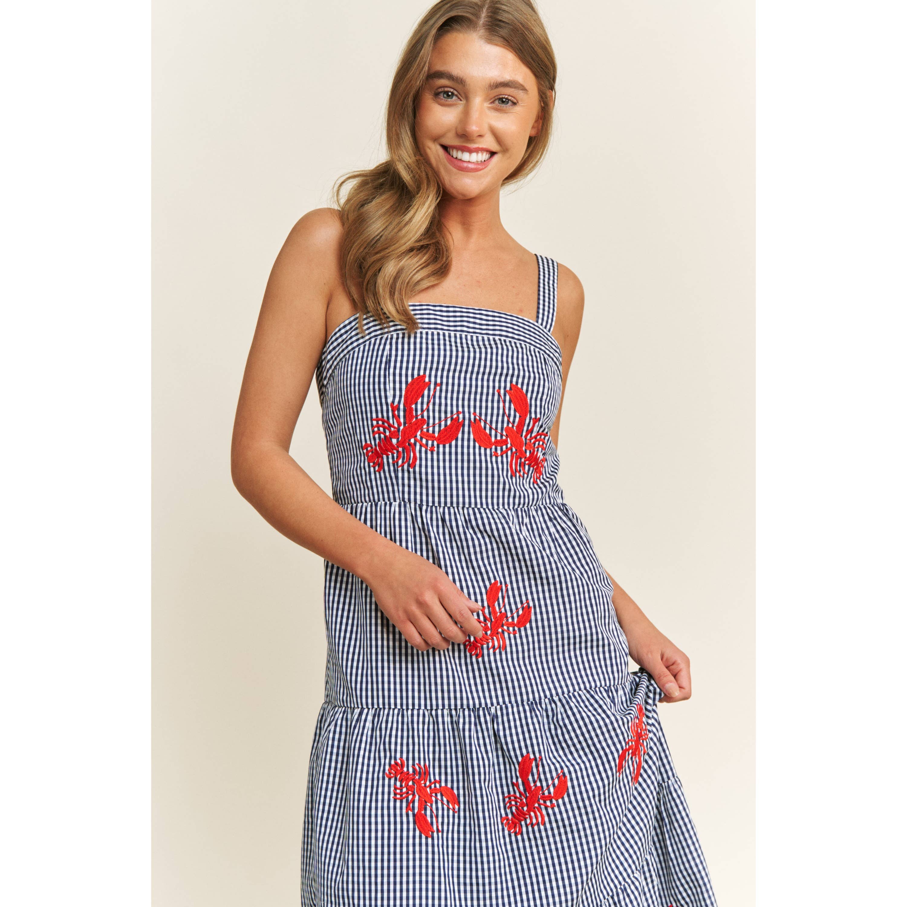 Bleu Multi ROBE MIDI À VOLANTS EN GINGHAM AVEC BRODERIE DE JOLI HOMARD en vente sur Faire11