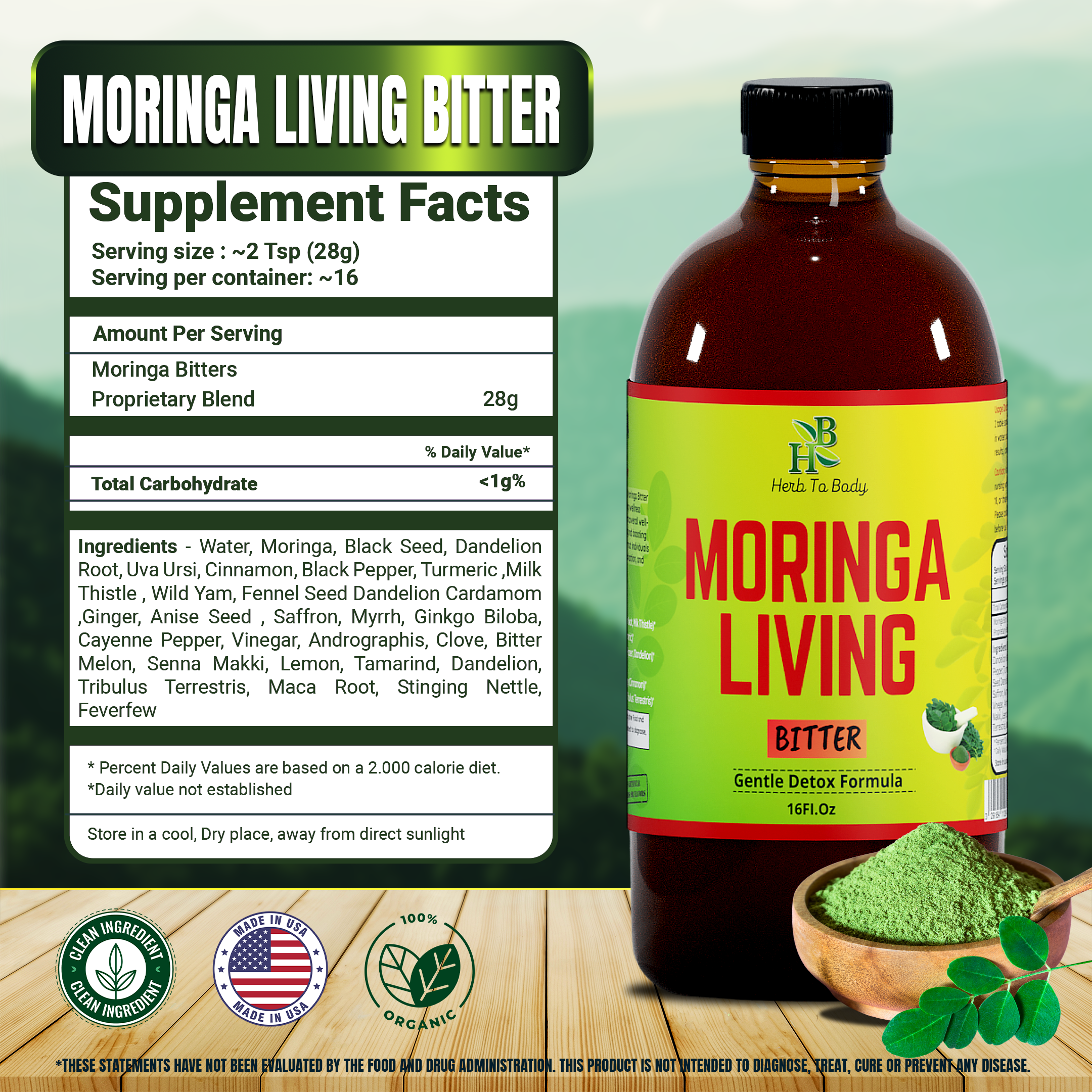 Herb To Body - Wholesale Oral supplement/vitamin - Moringa Living Bitter 16oz | Plant Based Liquid Superfood5