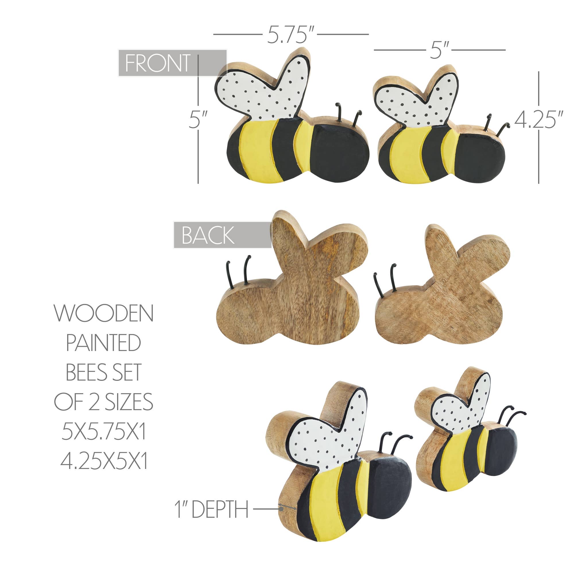 VHC Brands - Vente Décorations de table - Lot de 2 tailles d'abeilles en bois peint Buzzy Bees4