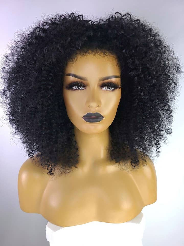 Afro Kinky Curly Wig with Afro Hairline, 16", 1B for wholesale by Celebrity Hair for Less