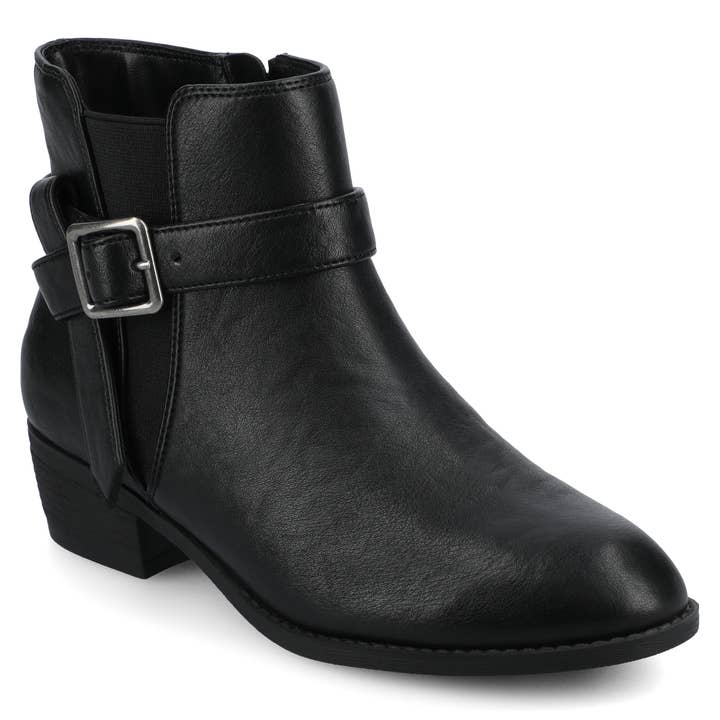 Journee Womens Devina Wide-Width Buckle Detail Ankle Booties for wholesale by Journee