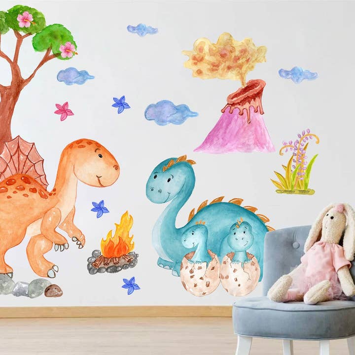 Dinosaur World Wall Decals: Colorful Dinosaurs, Volcano, Trees, Campfire, Hatching Babies Dinos - BR079 for wholesale by WallKoala