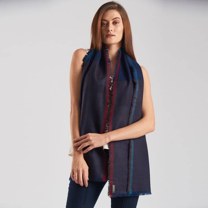 Cachecol de Caxemira Misturada Feito à Mão em Borda Azul-Esverdeada por atacado de SADHU HANDMADE NATURALS