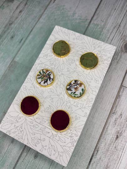 Set of 3 Pairs of Stud Earrings- Maroon, Olive & Floral for wholesale by TeachCreateExplore