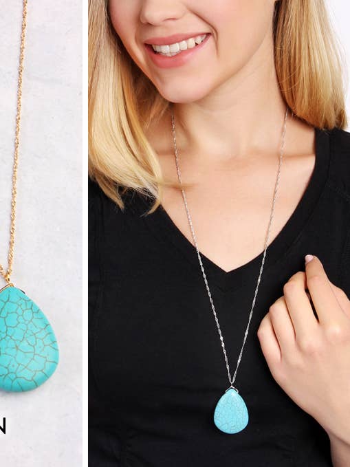 Chain Necklace with Teardrop Turquoise Stone Pendant for wholesale by MYS Wholesale Inc