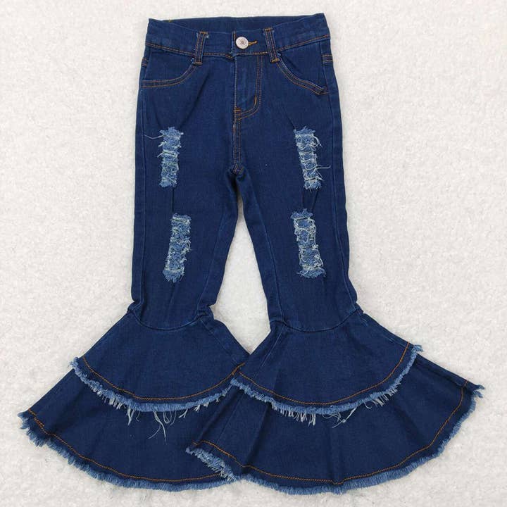 Baby Girls Kids Navy Double ruffle denim pants Jeans for wholesale by Aier Wholesale