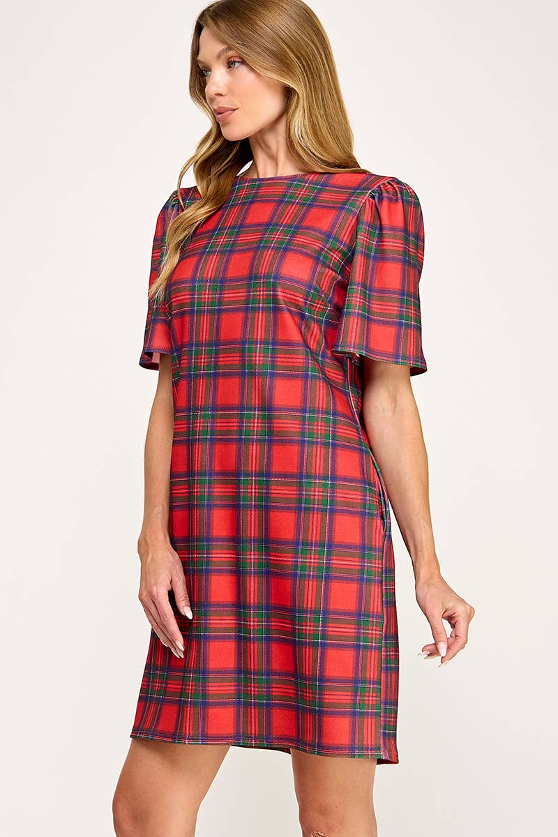 Peace Love Line – Großhandel Kleid – Damen – PL9704 - KARIERTES SHIFTKLEID MIT SCHLEIFENDETAIL AM RÜCKEN3