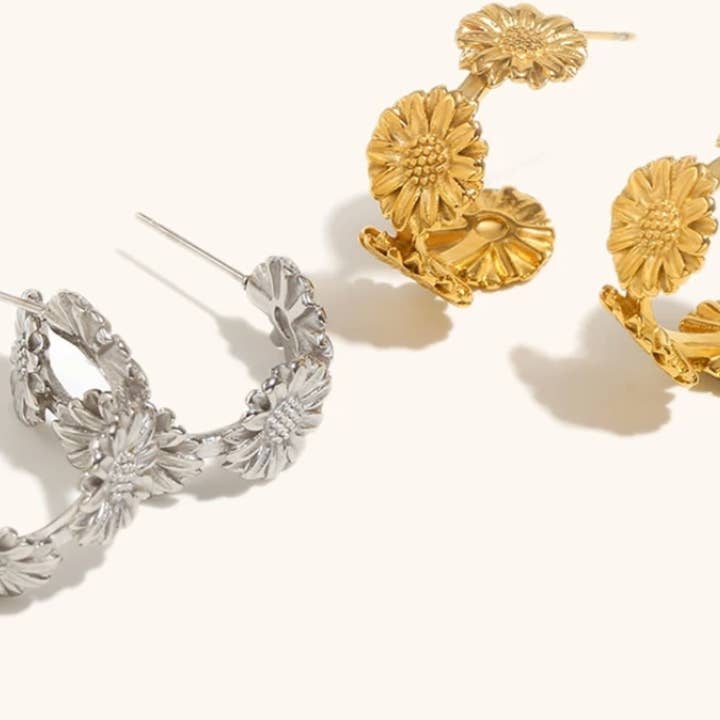 Floral Hoop Earrings - Gold or Silver for wholesale by Misgraceful