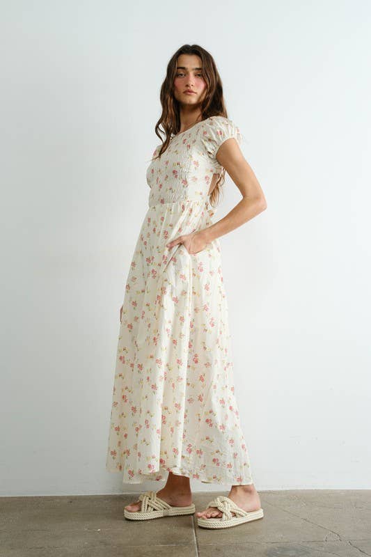 Cream MD2220 Floral Smocked Top Piecing Maxi Dress
 for wholesale on Faire4