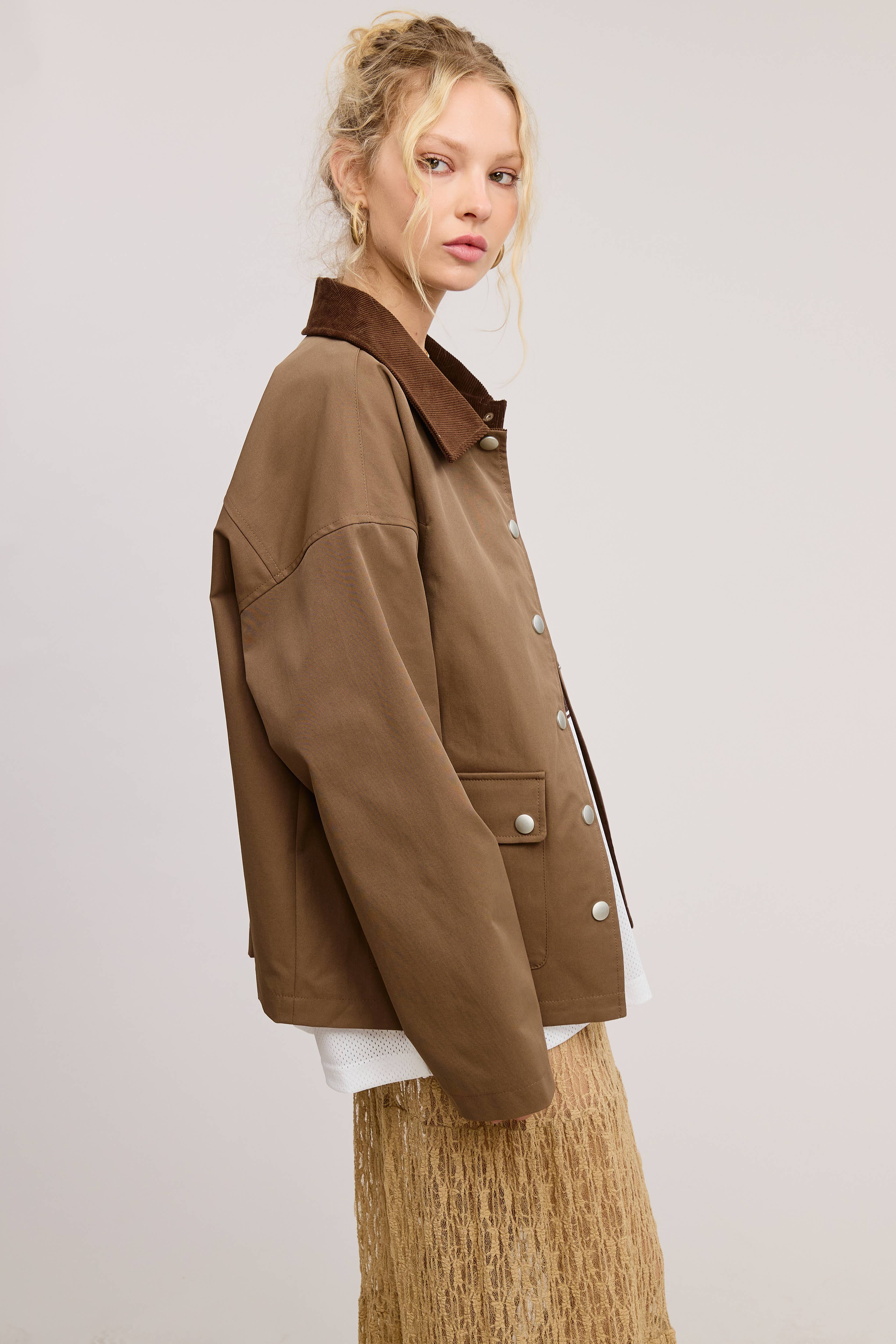 Brown Barn Jacket with Corduroy Collar and Snap Pockets for wholesale on Faire14