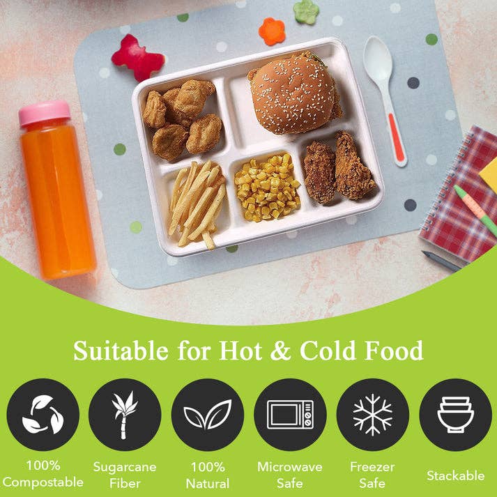 White Three Leaf 5 Compartment Bagasse (School) Tray 500 Ct. for wholesale on Faire4