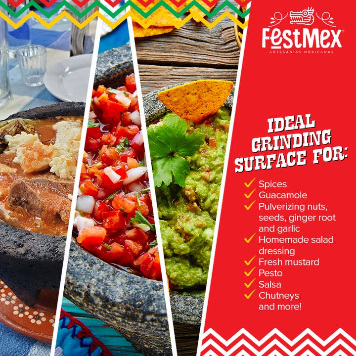 FESTMEX - Wholesale Mortar & pestle - Genuine Handmade Mexican Mortar and Pestle, Molcajete de Piedra Natural Volcanica Stone, Heavy & Durable, Perfect for Homemade Salsas, Guacamole, and other Molcajete Plates | Made in Mexico (8 Inches)4