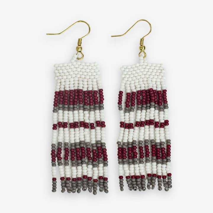 Adaline Game Day Horizontal Stripes Beaded Fringe Earrings Dark Red and Grey Wholesale for wholesale by INK + ALLOY