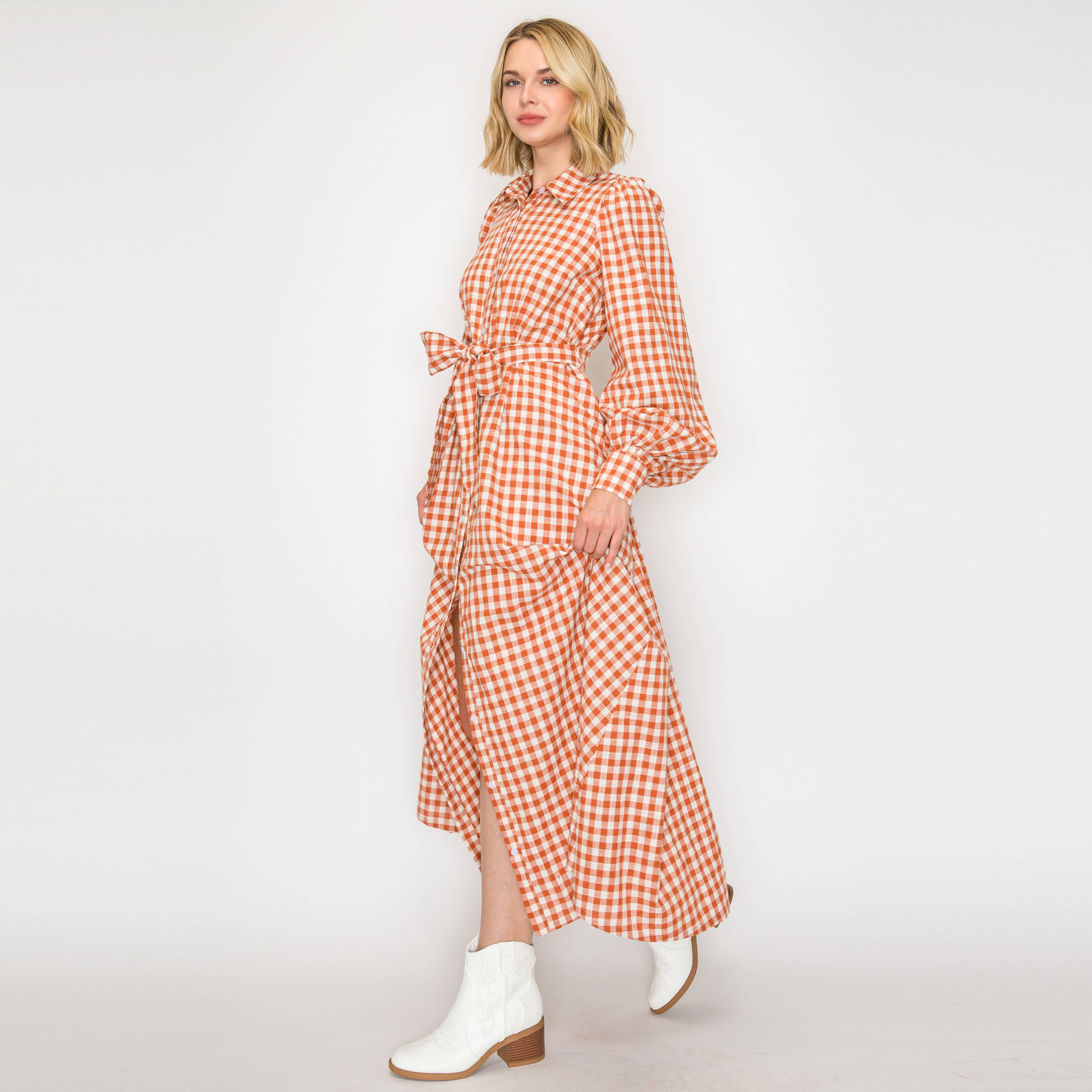 LoveWednesday - Wholesale Dress - Women's - Rust Gingham Daydream Maxi Shirt Dress - LWD31912