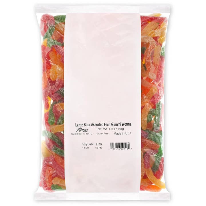 Albanese Large Sour Assorted Gummy Worms 4.5 Pound Bag Bulk for wholesale by Long Island Candy Factory