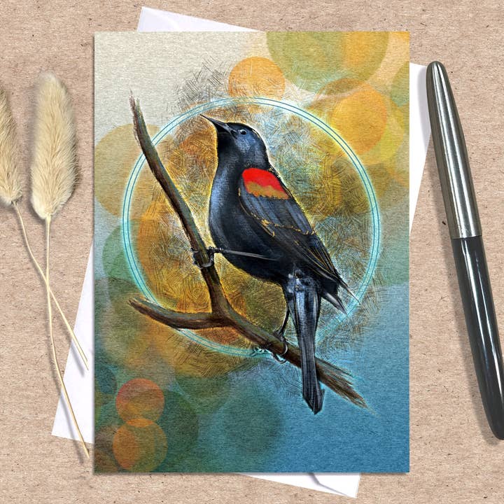 Red-Wioged Blackbird Greeting Card, 5x7" w/Envelope for wholesale by Coreyartus Imagery