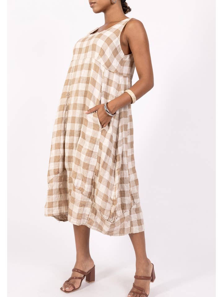 LINEN & COTTON HOUSE - Wholesale Dress β Women's - LINEN DRESS WITH POCKETS, GINGHAM CHECK PATTERN 32212