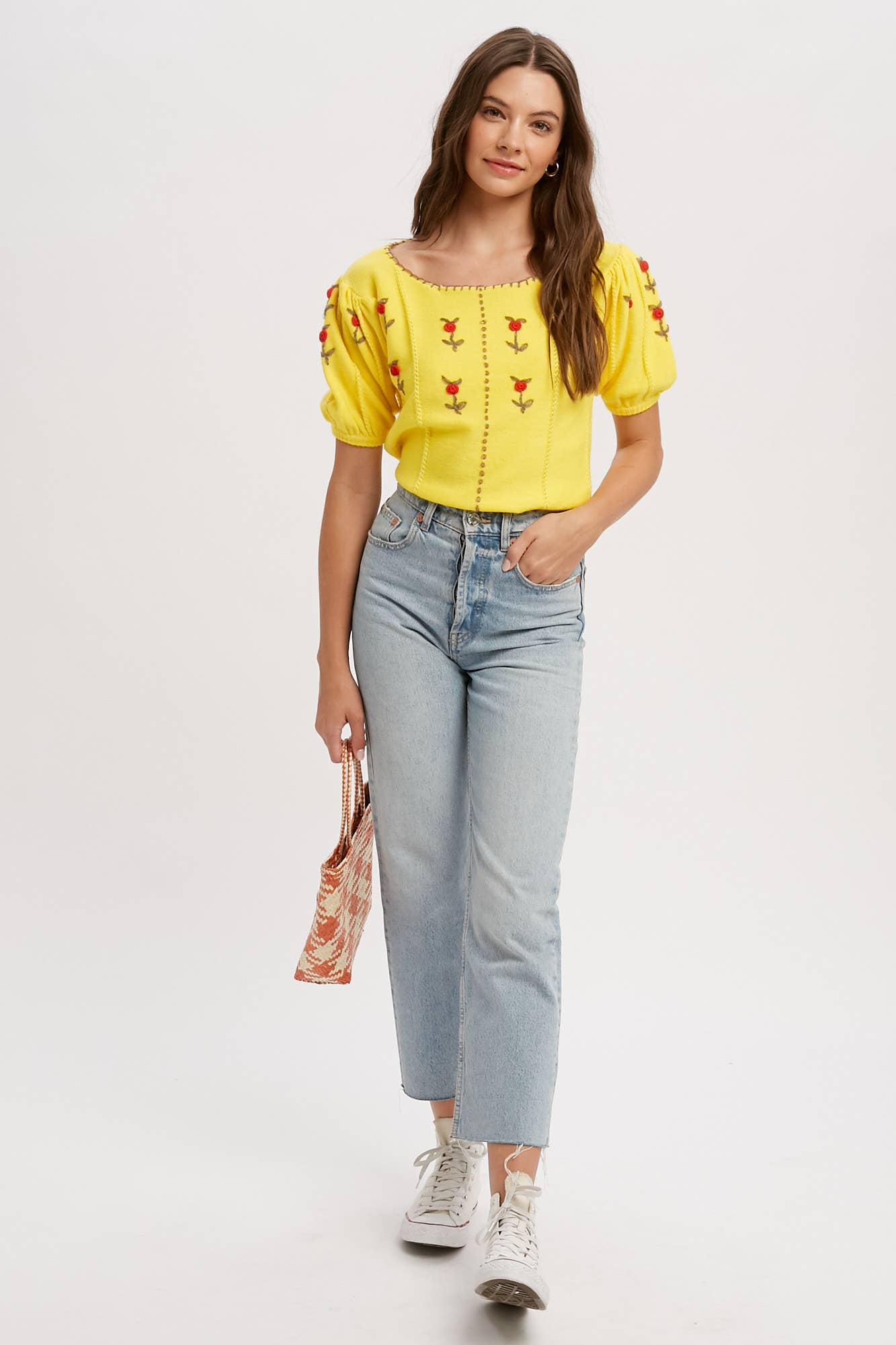 Gelb Besticktes Strickoberteil mit Puffärmeln LSW0677 für den Großhandel auf Faire7