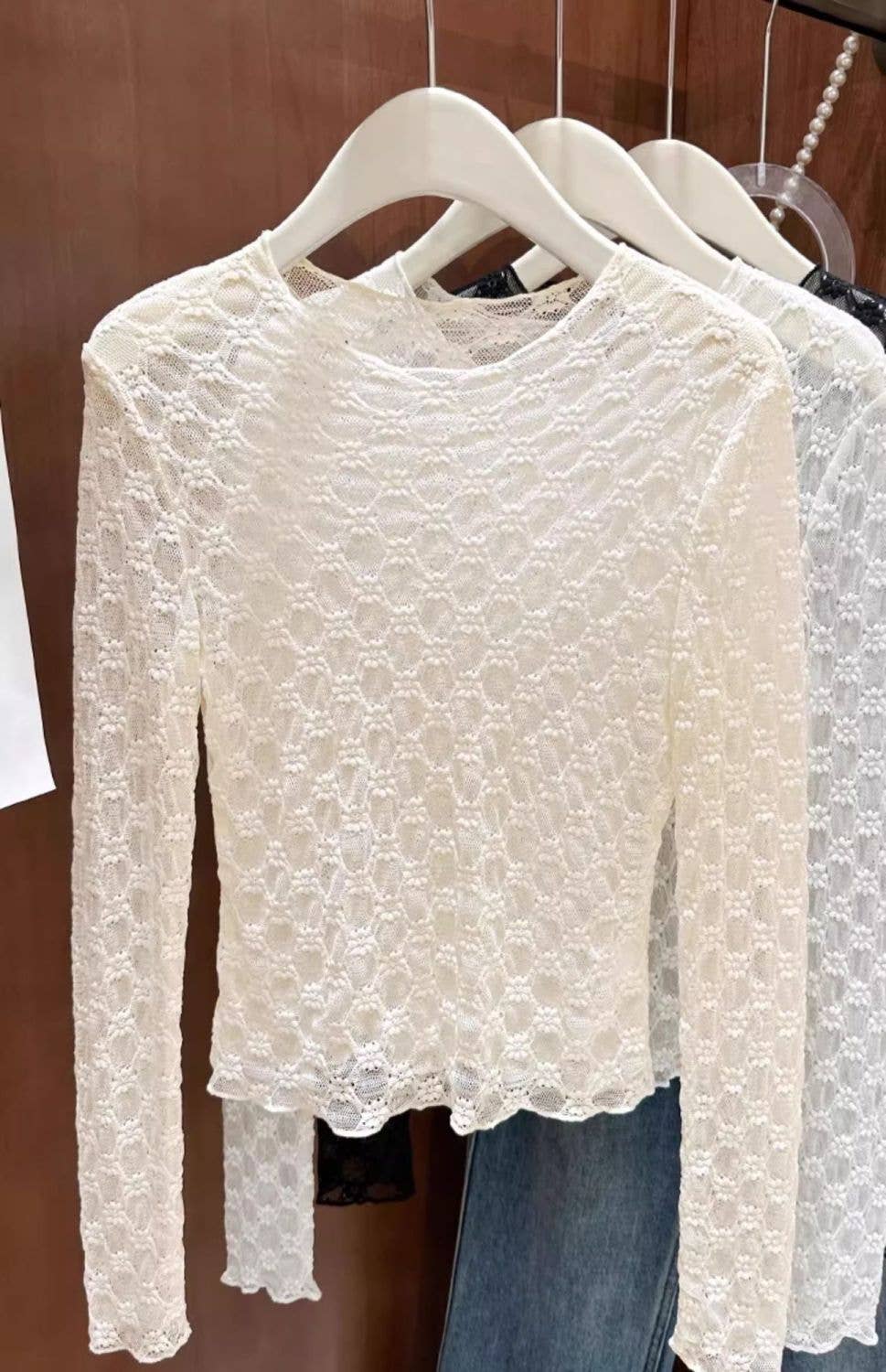 Rosa Clothing - Wholesale T-Shirt - Women's - Sheer Mesh Diamond Floral Lace Layering Fitted Crew Top18