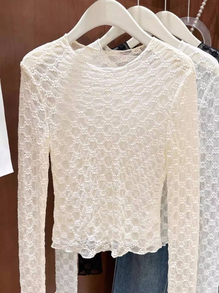 Rosa Clothing - Wholesale T-Shirt - Women's - Sheer Mesh Diamond Floral Lace Layering Fitted Crew Top18