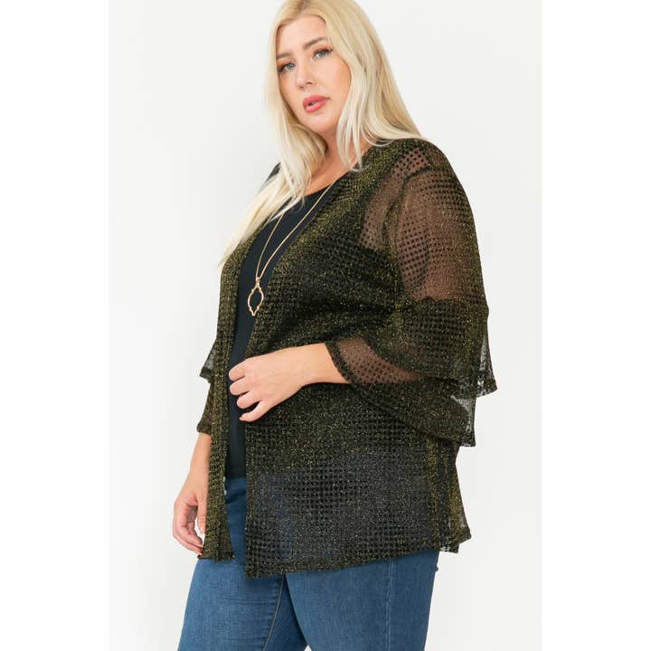Story Teller - Wholesale Cardigan - Women's - Plus Size Shimmer Sheer Ruffle Open Front Mesh Cardigan
