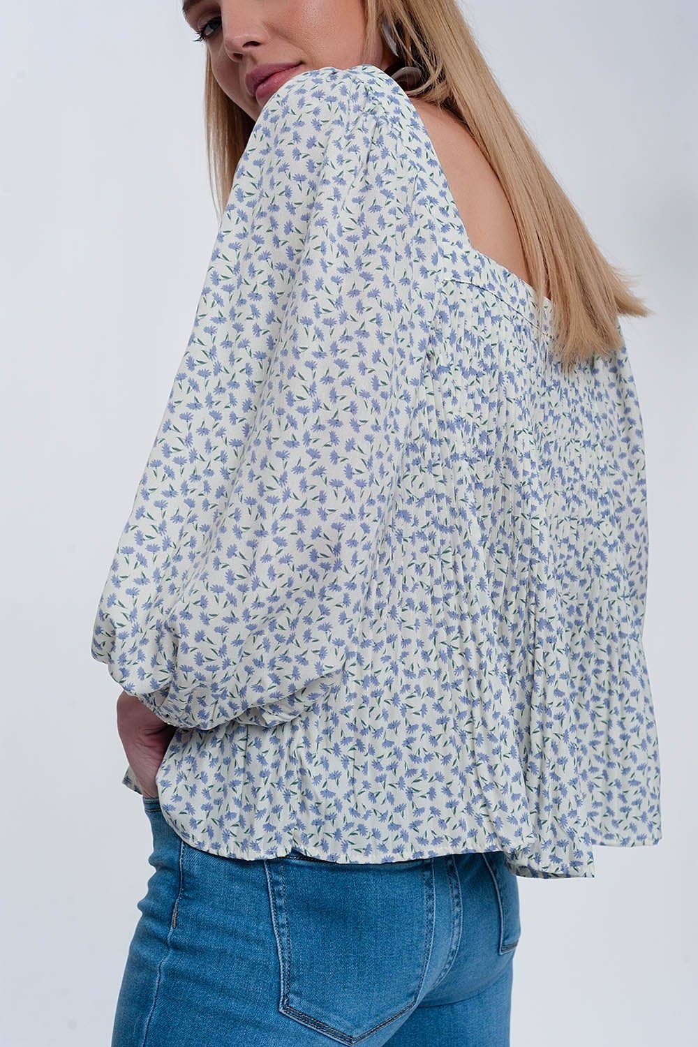 Azul Top manga puff con cuello cuadrado en estampado floral azul de venta al por mayor en Faire1