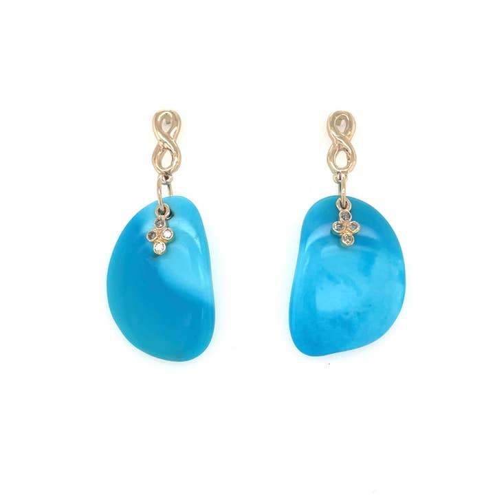 18k Gold Sleeping Beauty Turquoise, Pave Diamond Charm Post Earrings for wholesale by Ellen Hoffman Designs
