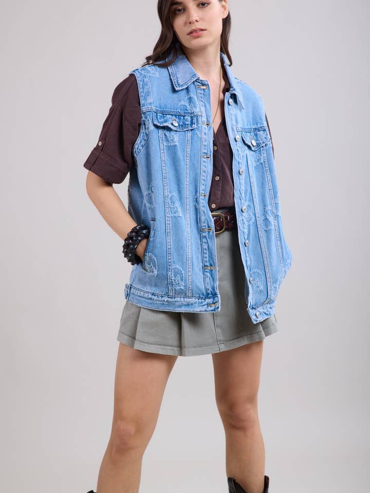 Toxik3 veste en jean mi-longue sans manches motifs coeur for wholesale by Toxik3