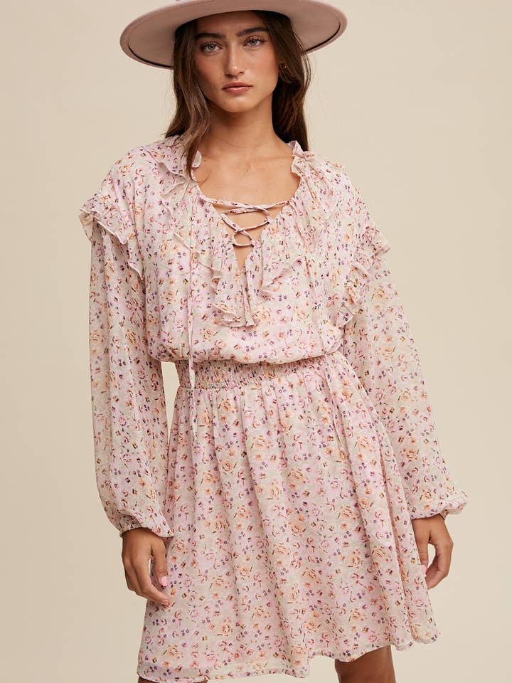Floral Chiffon Lace-Up Mini Dress for wholesale by Listicle