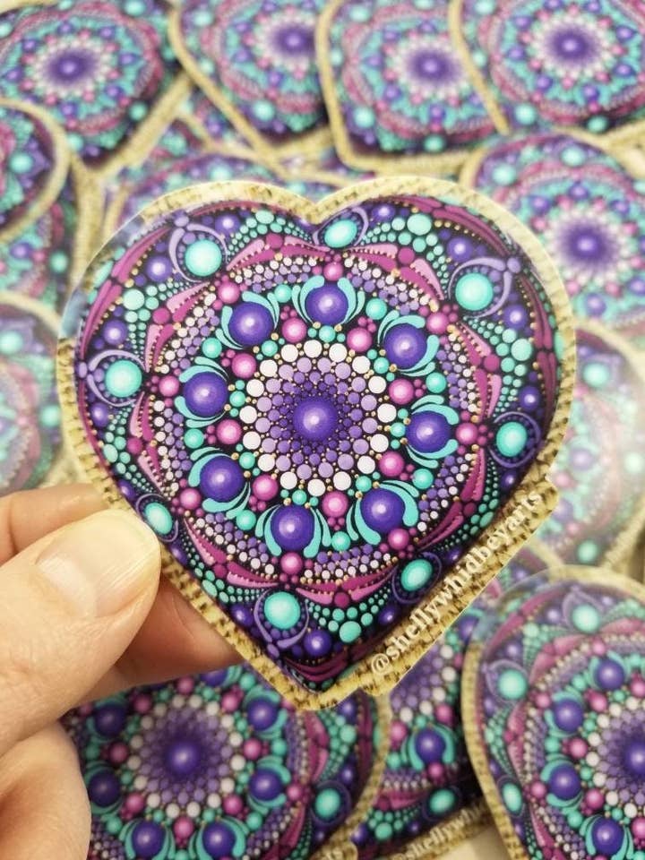 Heart Shape Dot Mandala Sticker for wholesale by Shelly Whidbey Arts