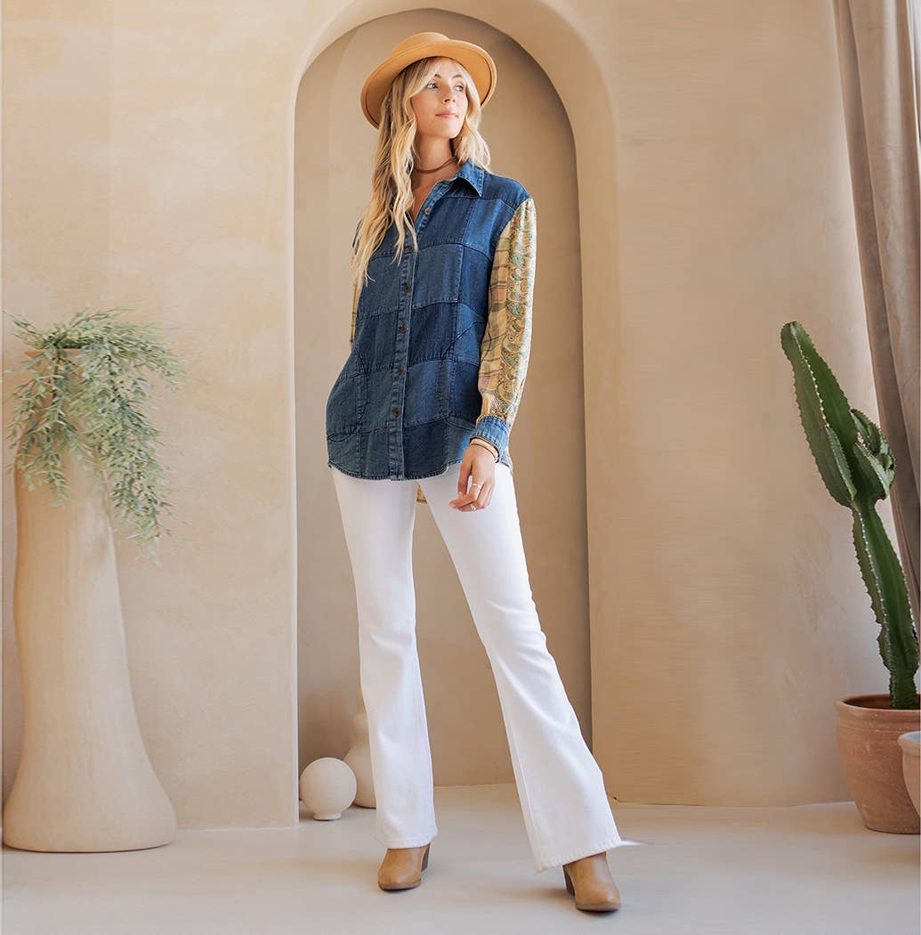 Young Threads - Wholesale Button Down Shirt - Women's - Western Boho Chic: Patchwork Denim Buttondown Shirt 11
