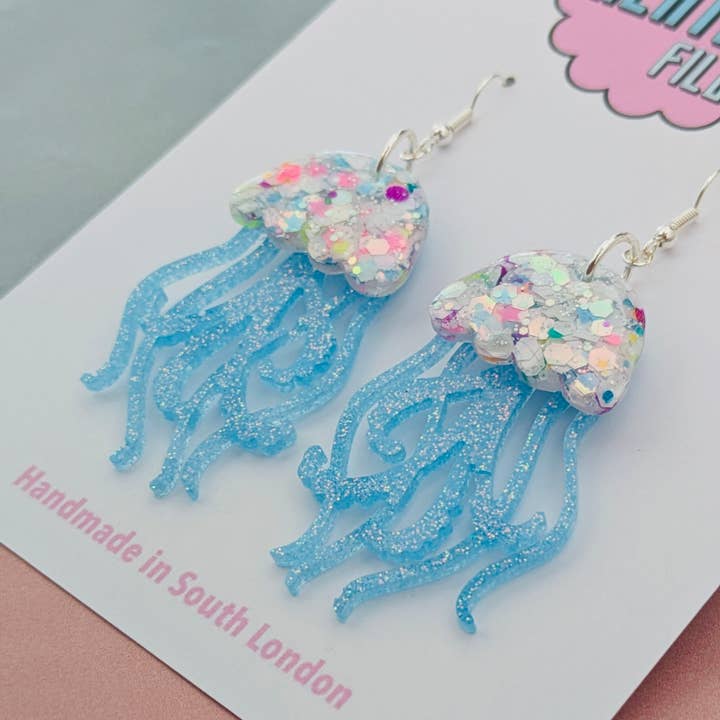 By Heather Filby - Wholesale Dangle Earrings - Blue Iridescent Jellyfish Glitter Earrings - Best Seller1