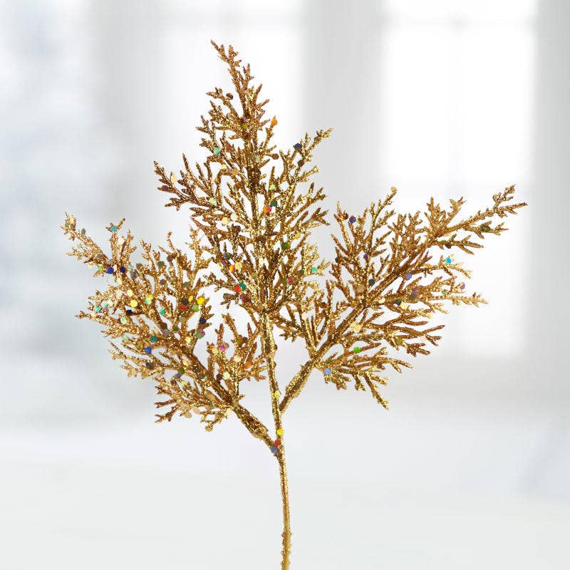 Factory Direct Craft - Wholesale Kunstbloemen - 10" Gouden Glitterende Ceder Takje0