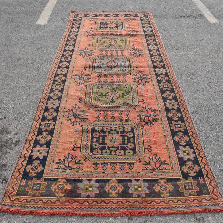 Handmade Orange Geometric Rug, 4.5x11.4 Ft Area Rug for wholesale by Vintage Rugs Loom