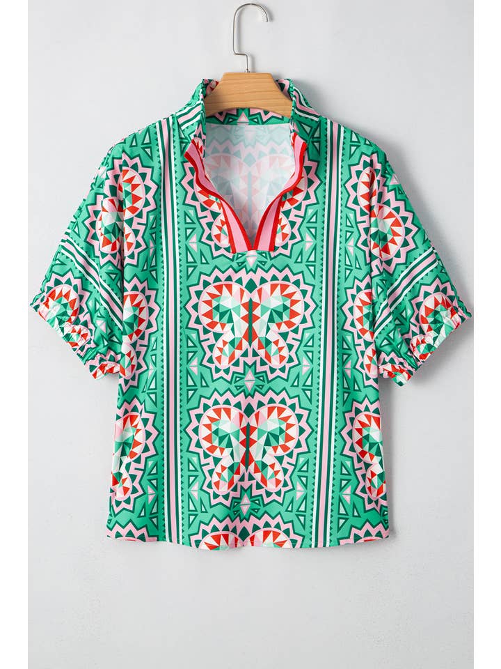 Green Boho Abstract Print Contrast Striped Collared V Neck Blouse for wholesale on Faire