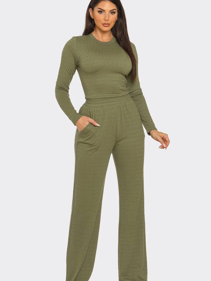 Julia by LoveJ - Wholesale Top & Pant Set (NOT Loungewear) - Women's - Texture Solid Long Sleeve Crop Top And Pants Set 6