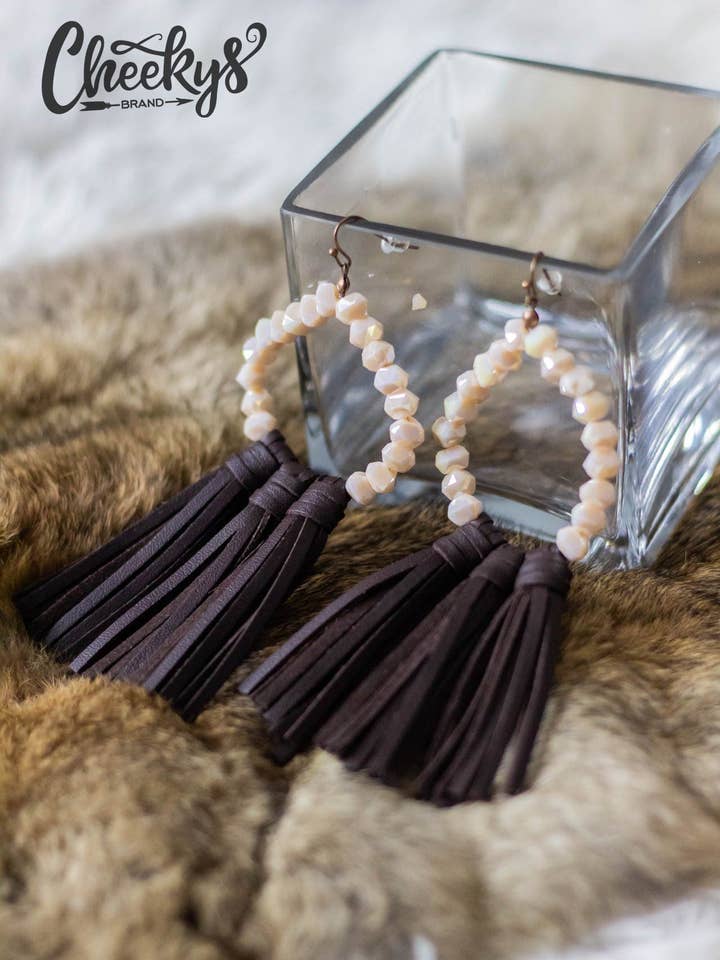 Willa Leather Tassel Earrings Soft Peach Iridescent Bead for wholesale by Cheekys Brand