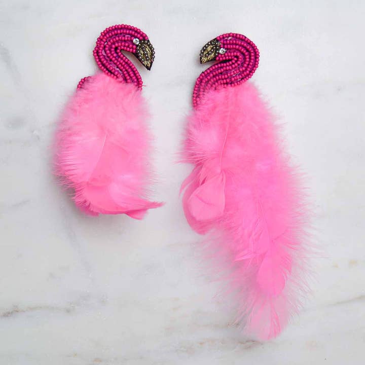 The Royal Standard - Wholesale Dangle earrings - Flamingo Beaded Feather Earrings Pink 5"