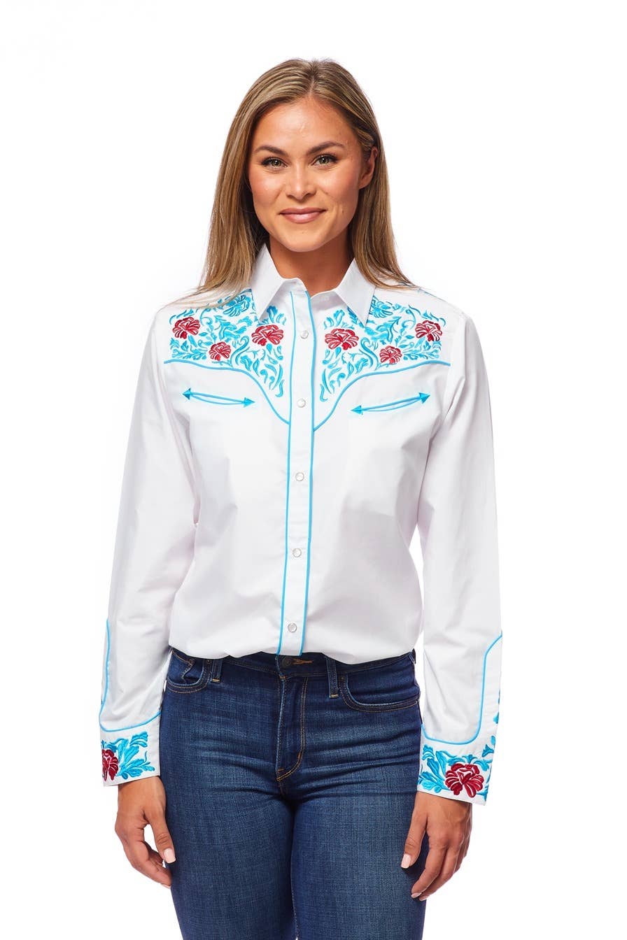 Rodeo Clothing - Vente Chemise à col boutonné – femme - Robe brodée à manches longues d'inspiration western pour femmes45