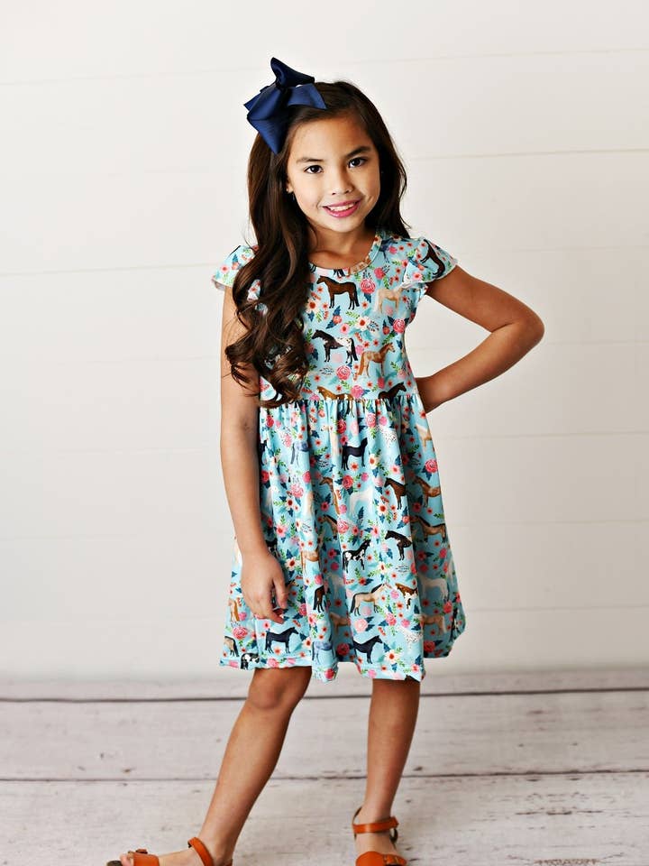 Adorable Sweetness - Wholesale Dress - Kids - Kids Blue Floral Western Horse Flutter Sleeve Spring Dress1