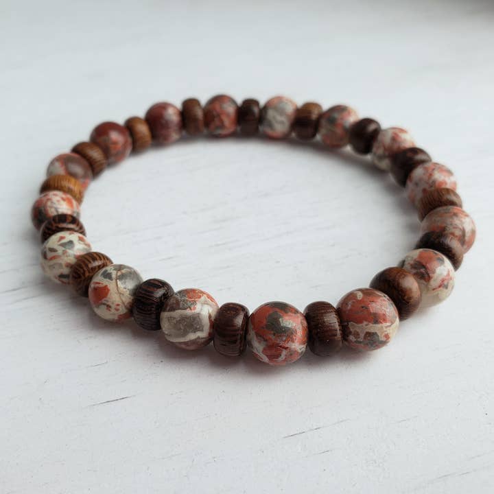 Stretch Bracelet - Wood & Peacock Jasper for wholesale by Divine Dragon Designs