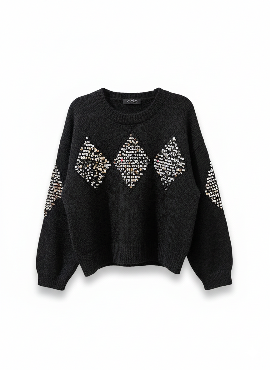 Black Sequin Knit Sweater Diamond Pattern Embellished Pullover for wholesale on Faire0