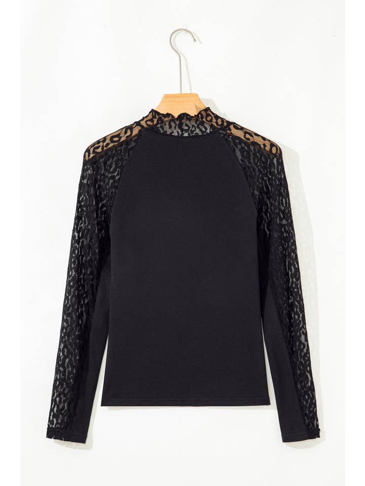 Black Leopard Mesh Patchwork Long Sleeve Top for wholesale on Faire1