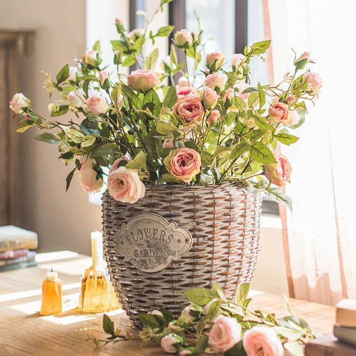 Artificial Flower Silk Rose Flower Bloom and Bud Stem in Pink 39" Tall for wholesale by Rustic Reach