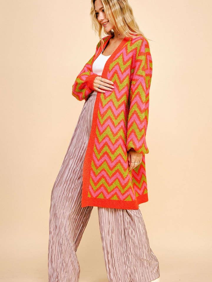 Red PLUS MULTI COLOR CHEVRON ZIGZAG LONGLINE CARDIGAN for wholesale on Faire